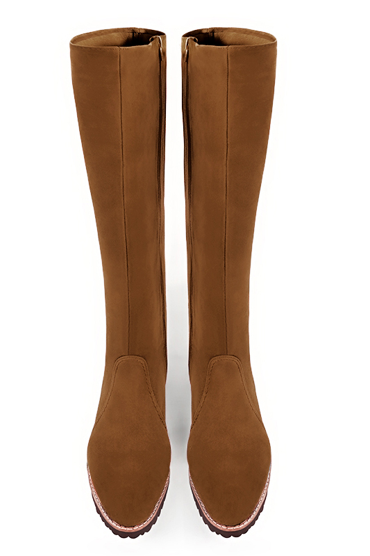 Caramel brown women's riding knee-high boots. Round toe. Flat rubber soles. Made to measure. Top view - Florence KOOIJMAN